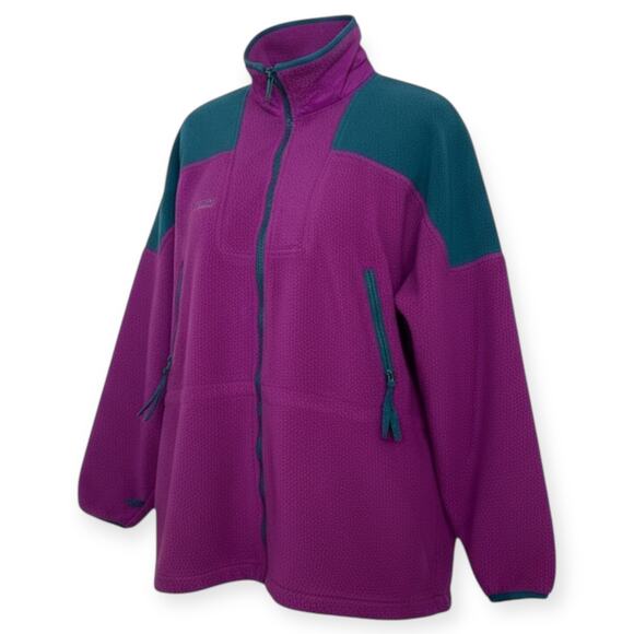 Vintage Columbia Two-Tone Fleece Jacket Purple Green Full Zip Retro Outdoor XL - Picture 1 of 12